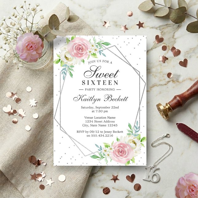 Invitation Chic Fleur Argenté Feuille Fleur 16 Anniversaire (Créateur téléchargé)