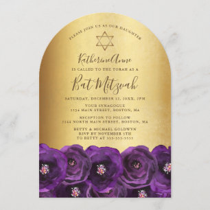 Invitation Chic Fleur de Rose Violette Or Bar Mitzvah