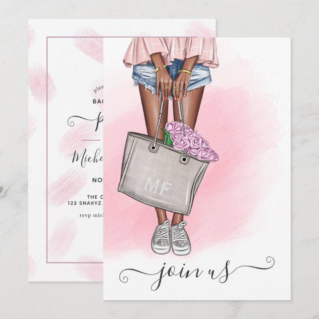 Invitation Chic Fleur Rose Enterrement de Vie de Jeune Fille  (Devant / Derrière)