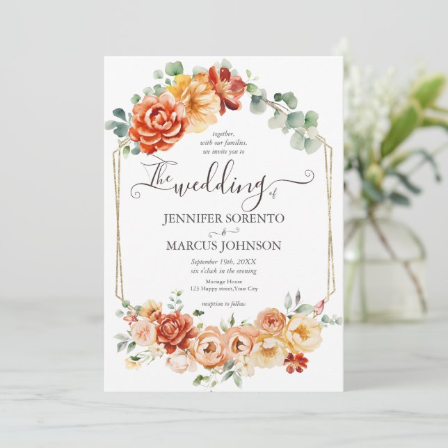Invitation Chic Fleurs Aquarelle Mariage Rose Doré Orange  (Debout devant)