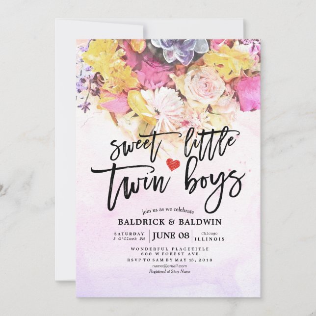 Invitation Chic Fleurs Baby shower Sweet Little Twin Boys (Devant)