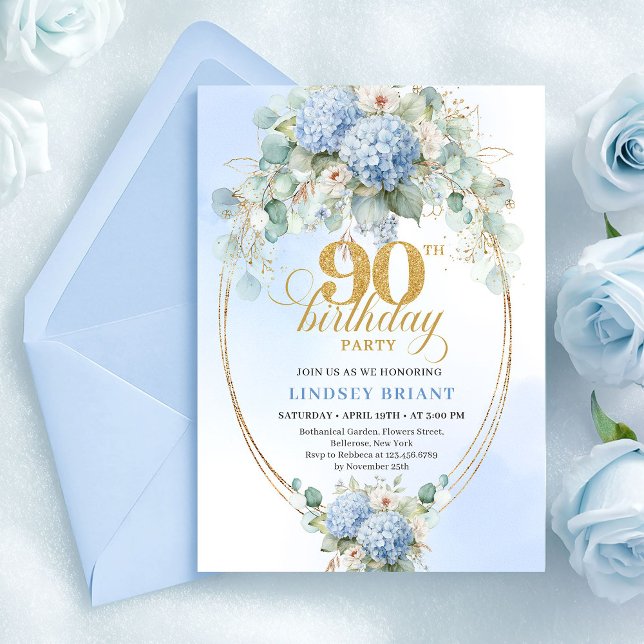 Invitation Chic Fleurs Bleues Douces Eucalyptus 90e Anniversa (Chic Soft Blue Floral Eucalyptus 90th Birthday)