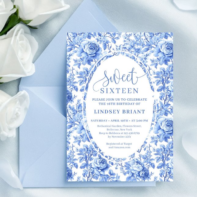 Invitation Chic Fleurs de Roses Bleues pour Sweet  (Blue Roses Chic Digital Sweet 16 Invitation)