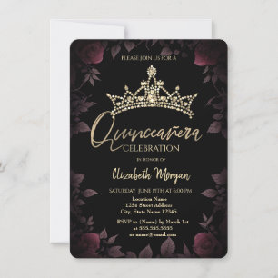 Invitation Chic Fleurs de Roses Sombres Quinceañera 