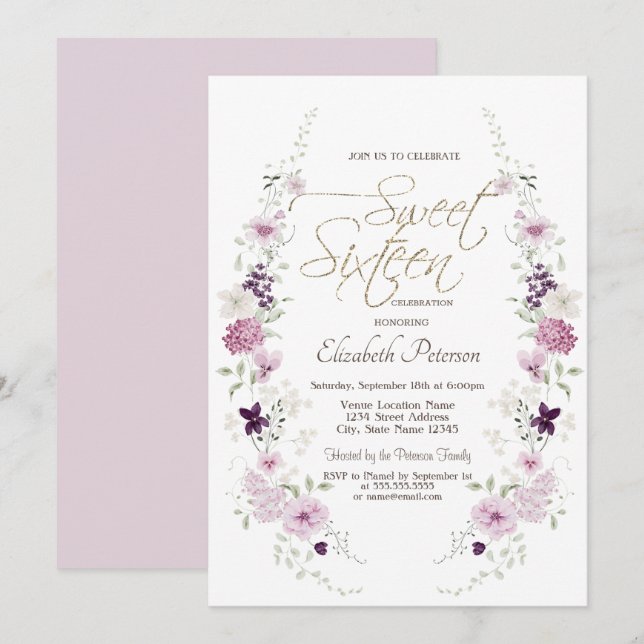 Invitation Chic Fleurs Sauvages Lavande Sweet 16 (Devant / Derrière)