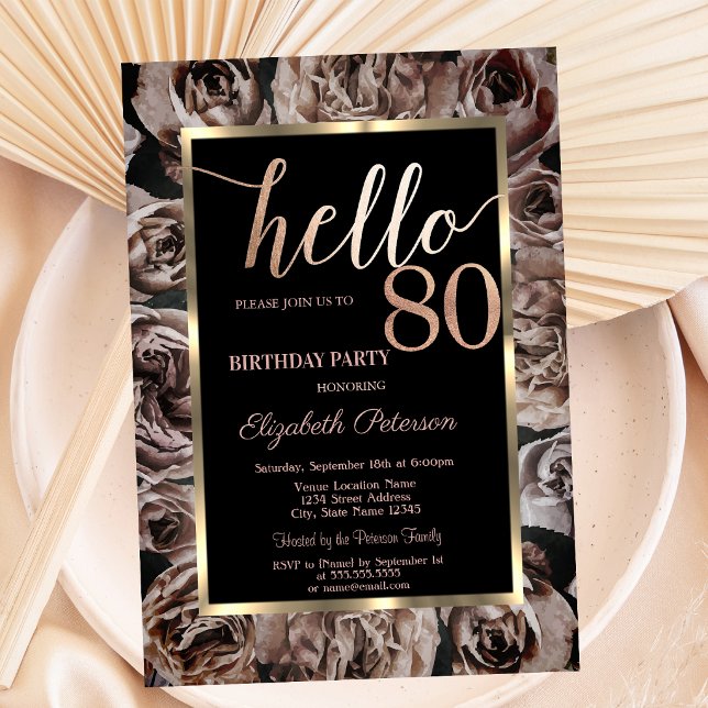 Invitation Chic Fleurs Sombres Roses Noires 80e Anniversaire (Créateur téléchargé)