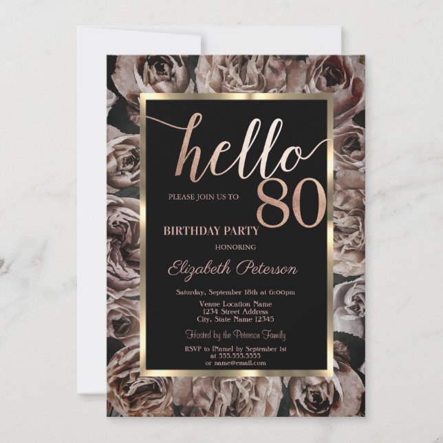 Invitation Chic Fleurs Sombres Roses Noires 80e Anniversaire (Devant)