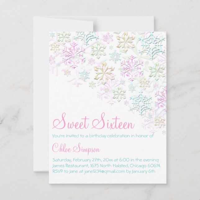 Invitation chic flocon de neige Sweet16 (Devant)