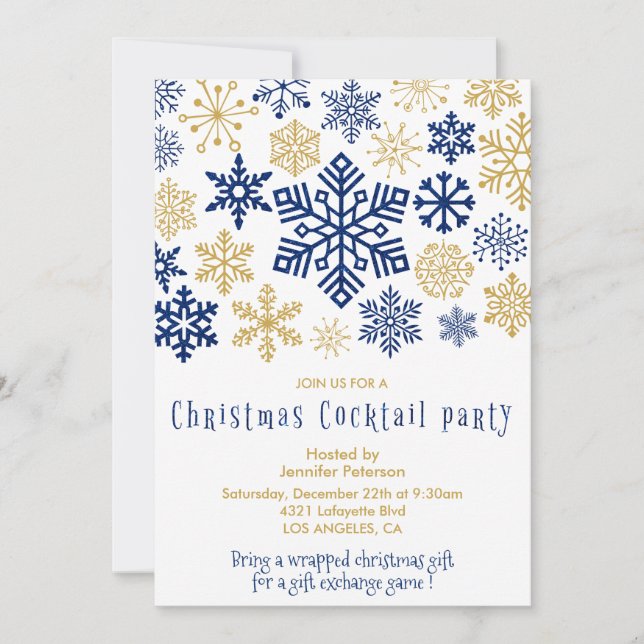 Invitation chic flocons de neige pour soirée cockt (Devant)