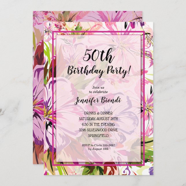 Invitation Chic Floral Aquarelle fête d'anniversaire (Devant / Derrière)