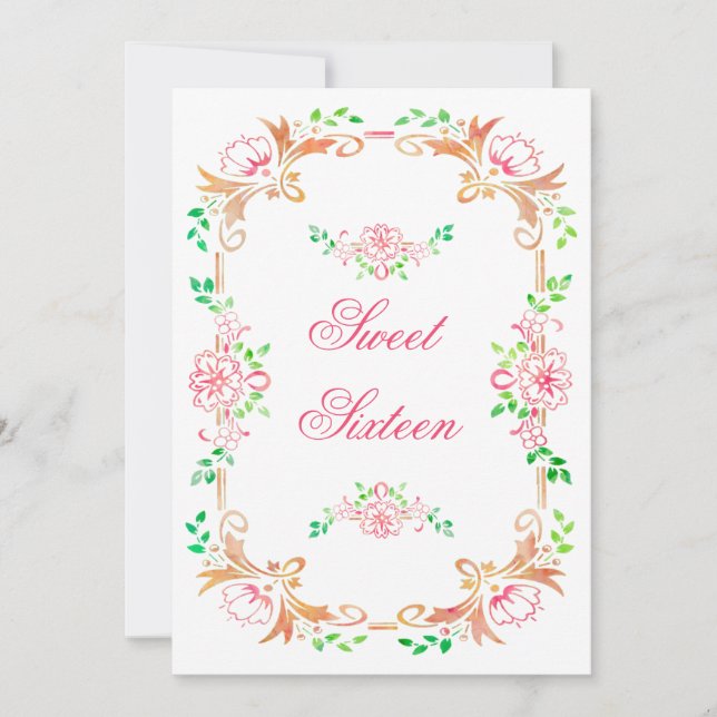 Invitation Chic Floral Aquarelle Sweet 16 double face (Devant)