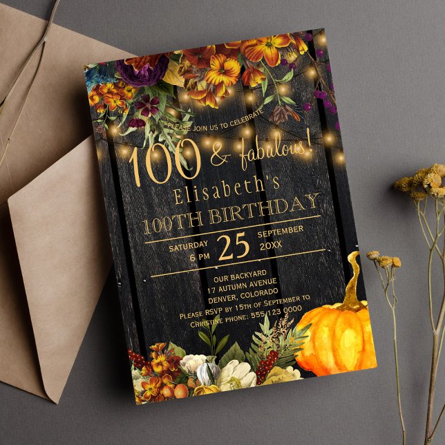 Invitation Chic floral automne rustique 100 ans fabuleux (Créateur téléchargé)