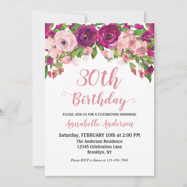 Invitation Chic Floral Blush Rose violet Aquarelle Anniversai (Devant)