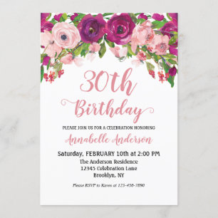 Invitation Chic Floral Blush Rose violet Aquarelle Anniversai