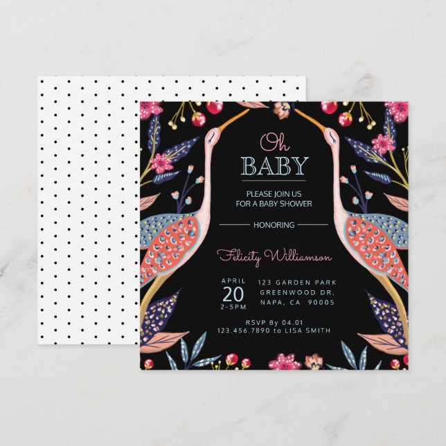 Invitation Chic Floral Botanique Baby shower de cigogne Invit (Devant / Derrière)
