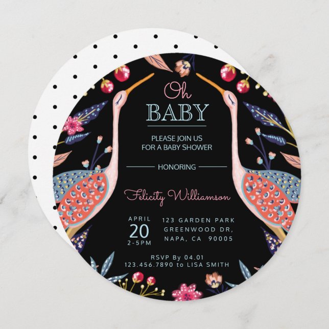 Invitation Chic Floral Botanique Baby shower de cigogne Invit (Devant / Derrière)