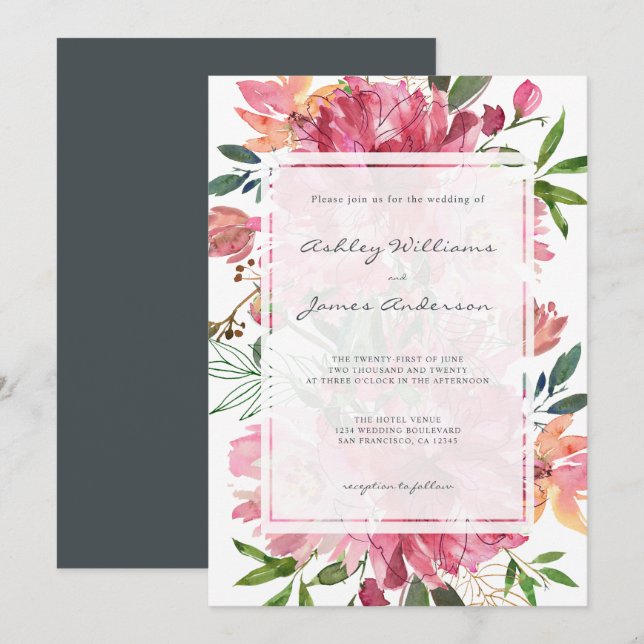 Invitation Chic Floral Botanique Boho Pink Peony Mariage (Devant / Derrière)