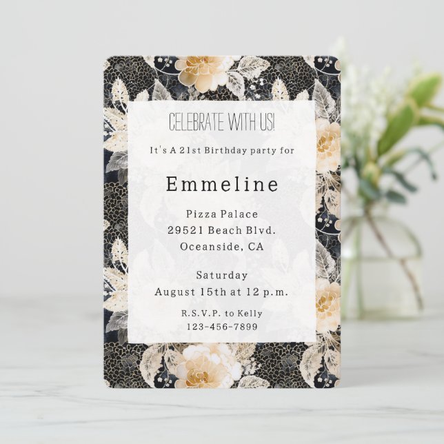 Invitation Chic Floral Crème Noire Leopard Animal Anniversair (Debout devant)