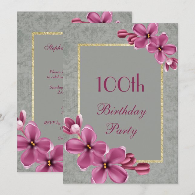 Invitation Chic Floral & Élégant Damassé 100e Anniversaire (Devant / Derrière)