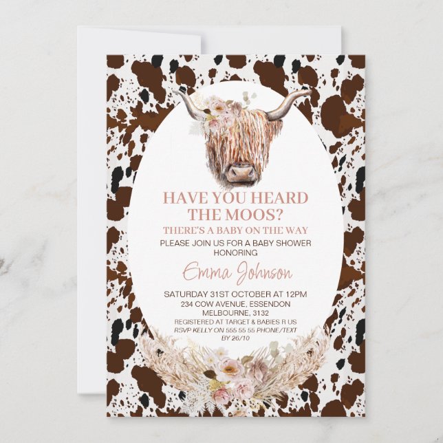 Invitation Chic Floral Highland Cow Baby shower de vache (Devant)
