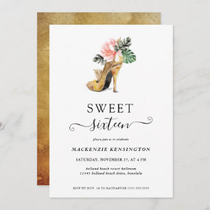 Invitation Chic Floral Or talons doux 16 Anniversaire