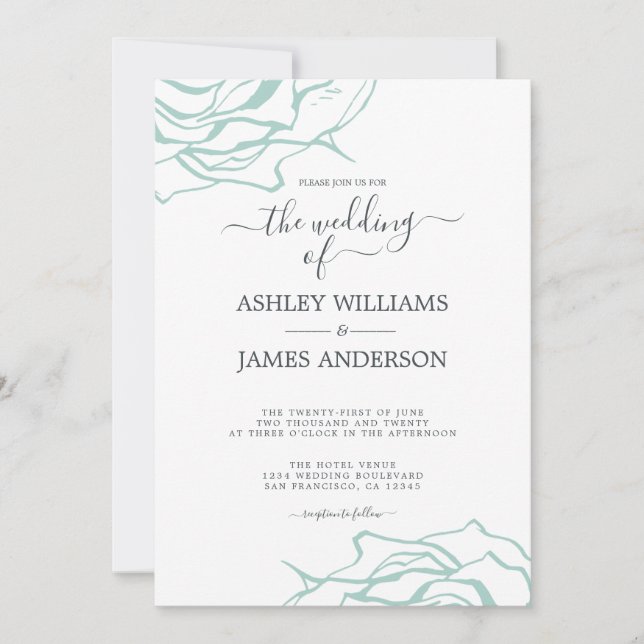 Invitation Chic Floral Outline Rose bleu Mariage (Devant)