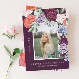 Invitation Chic Floral Peonies Rose Blossoms Graduation Photo