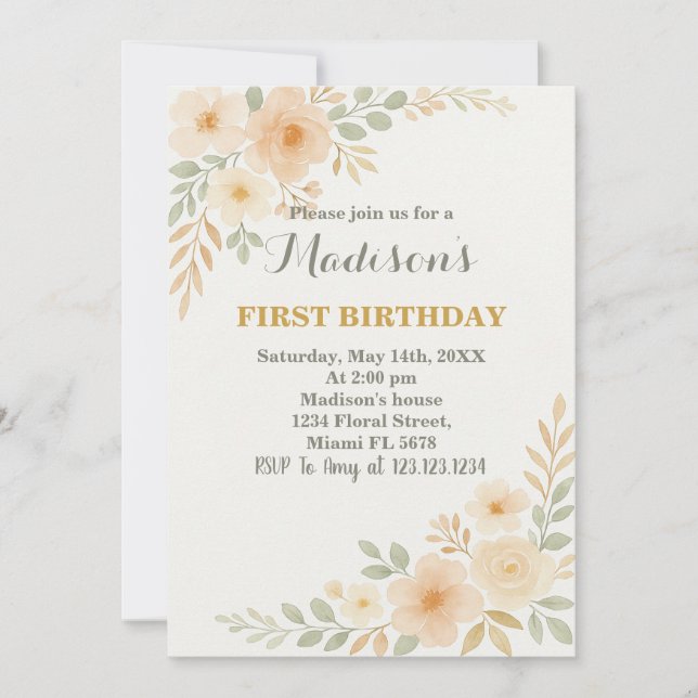 Invitation Chic Floral Premier anniversaire (Devant)