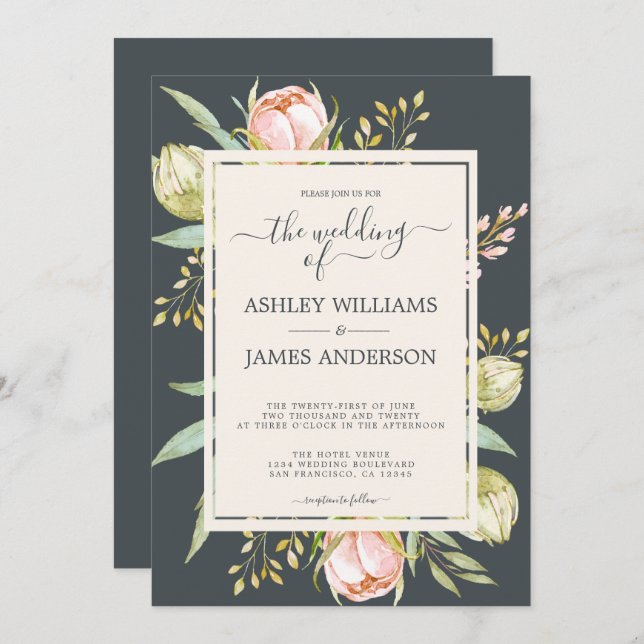 Invitation Chic Floral rose Peony Botanical Off-black Mariage (Devant / Derrière)