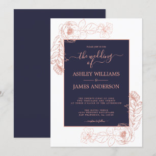 Invitation Chic Floral Rose Rose Gold Dark Blue Mariage