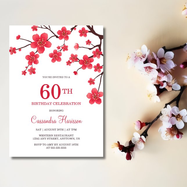 Invitation Chic floral rouge cerise fleur Sakura Anniversaire (Créateur téléchargé)