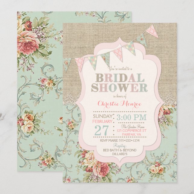 Invitation Chic Floral Rustique Démodé Toile de Jouy Broderie (Devant / Derrière)