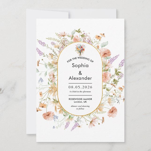 Invitation chic floral sauvage Cute golden Meadow mariage (Devant)