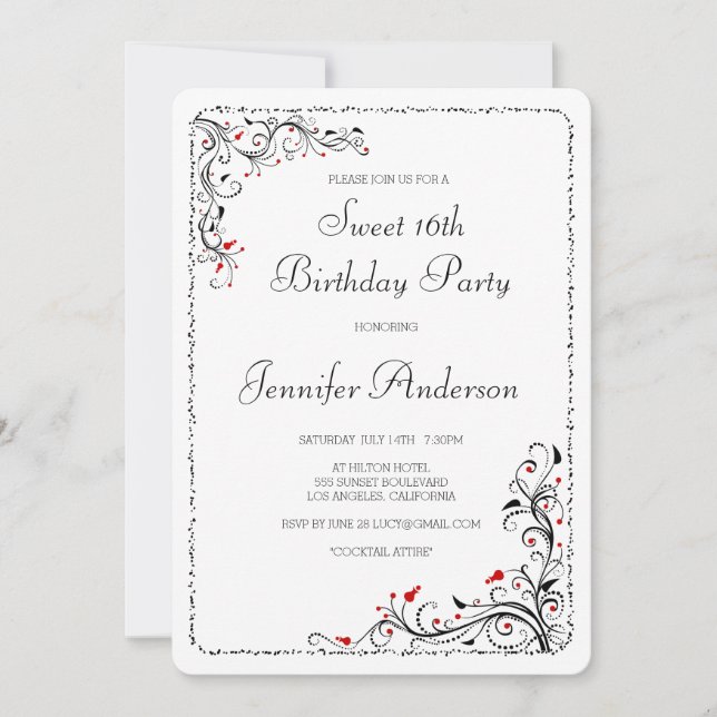 Invitation Chic Floral Swirls Sweet 16th/Her Birthday Party (Devant)