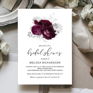 Invitation Chic Floral Vintage Mariage Burgundy Argent