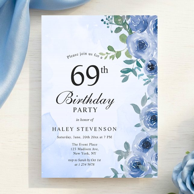 Invitation chic florale aquarelle bleu poussiéreux (Créateur téléchargé)