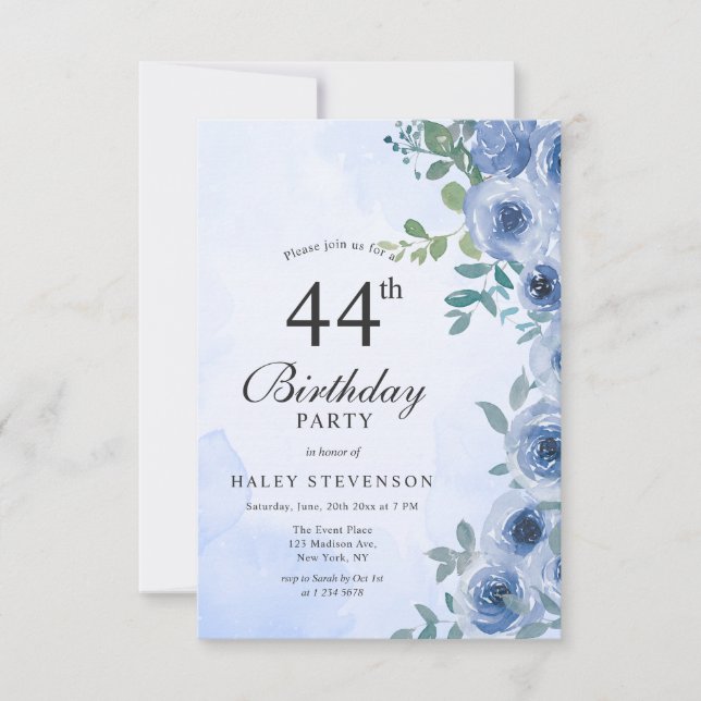Invitation chic florale aquarelle bleu poussiéreux (Devant)