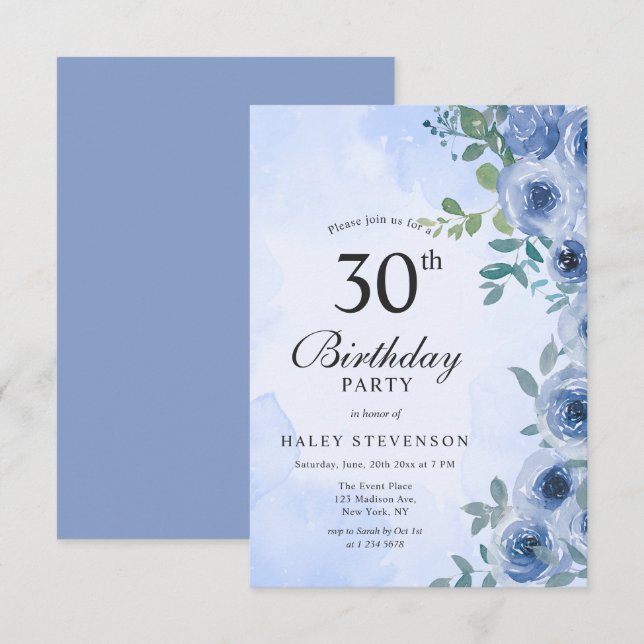 Invitation chic florale aquarelle bleu poussiéreux (Devant / Derrière)