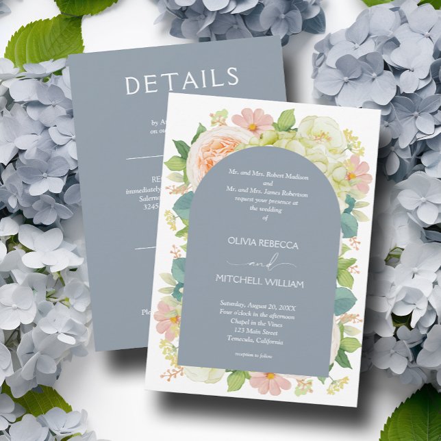 Invitation Chic Florals Mariage tout en un Dusty bleu (Créateur téléchargé)