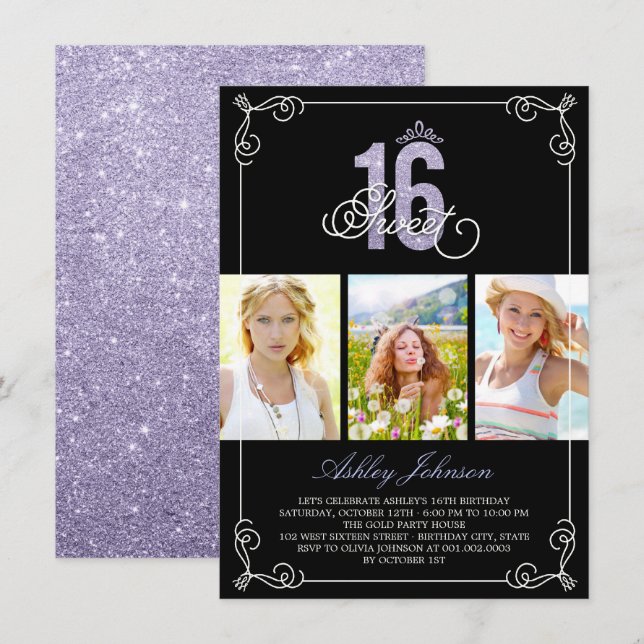 Invitation Chic Flourish Glam Douze Ans Fête d'anniversaire P (Devant / Derrière)