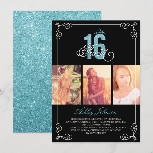 Invitation Chic Flourish Glam Sweet 16 Photo Anniversaire (Devant / Derrière)
