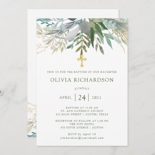 Invitation Chic Foliage  Baptême avec Croix d'Or