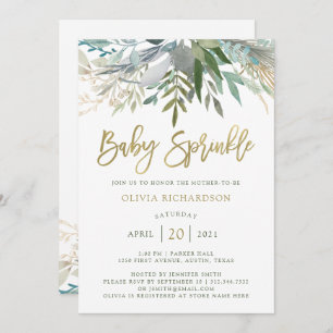 Invitation Chic Foliage  Bébé saupoudré avec un script d'or F