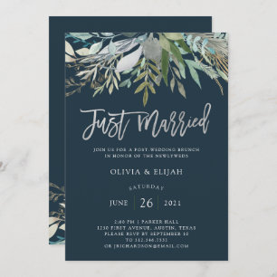 Invitation Chic Foliage   Bleu foncé juste marié