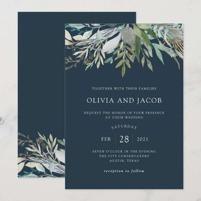 Invitation Chic Foliage | Mariage bleu foncé (Devant / Derrière)