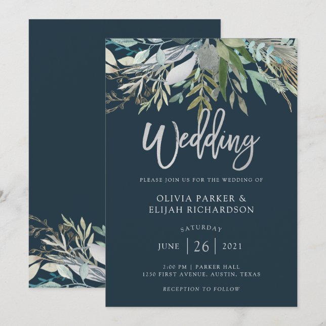 Invitation Chic Foliage | Mariage bleu foncé (Devant / Derrière)