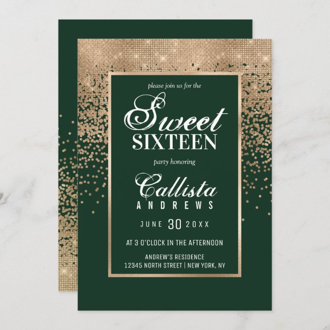 Invitation Chic Forest Green Gold Parties scintillant Confett (Devant / Derrière)