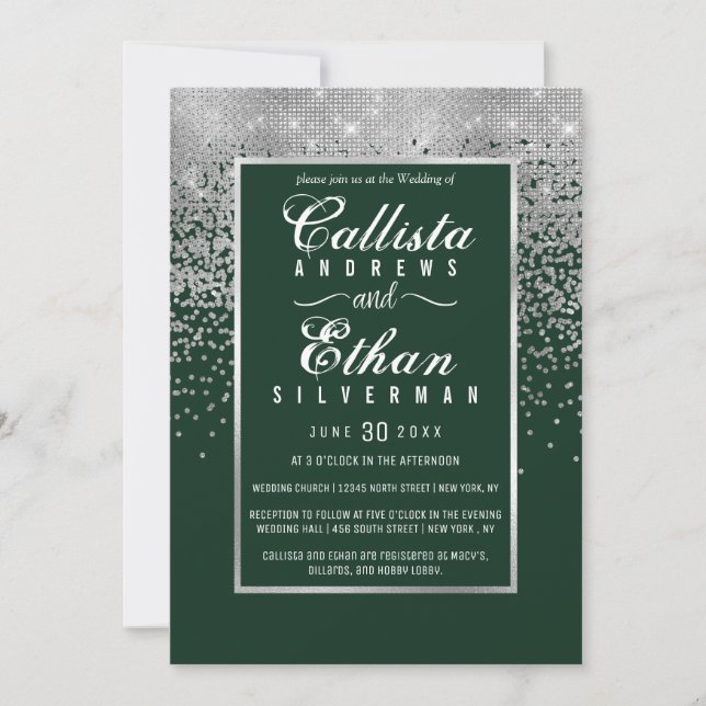 Invitation Chic Forest Green Parties scintillant Argent Confe (Devant)
