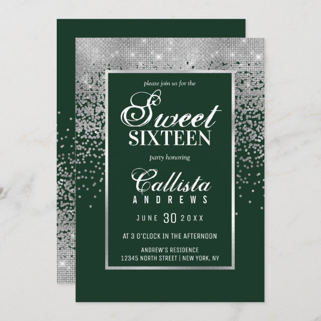 Invitation Chic Forest Green Parties scintillant Argent Confe (Devant / Derrière)