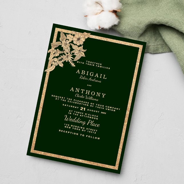 Invitation Chic forêt foncé vert or parties scintillant Maria (Chic dark forest green gold glitterChic dark forest green gold glitter fl floral Wedding Invitation )